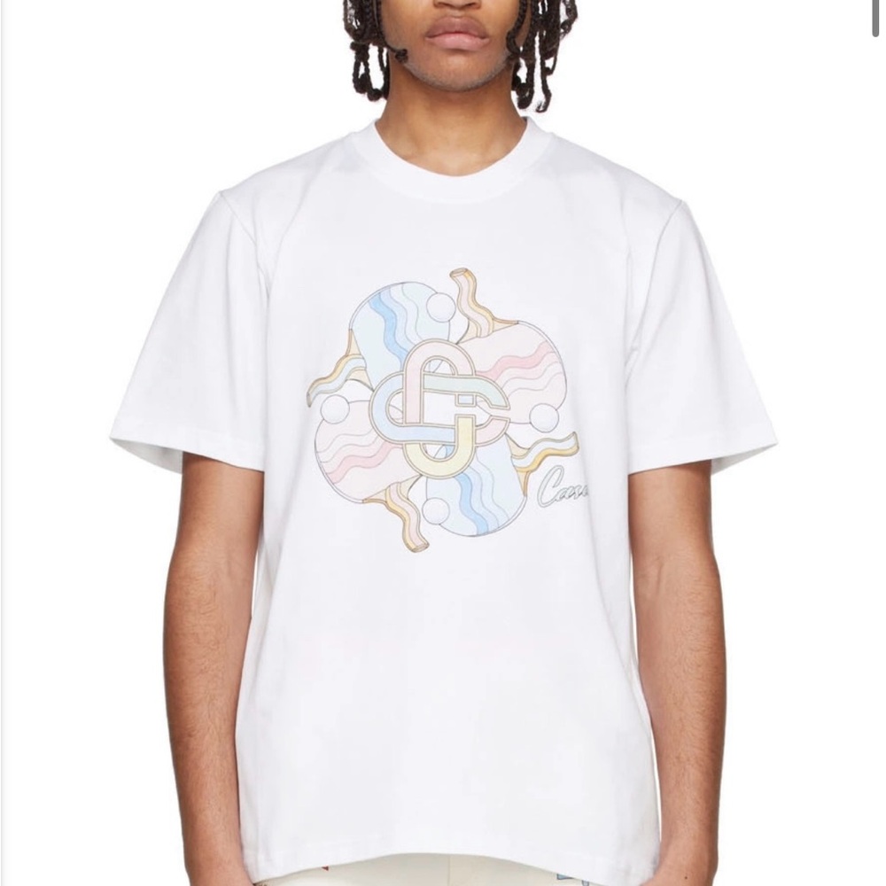 White Graphic Men's T-Shirt with Pastel Logo